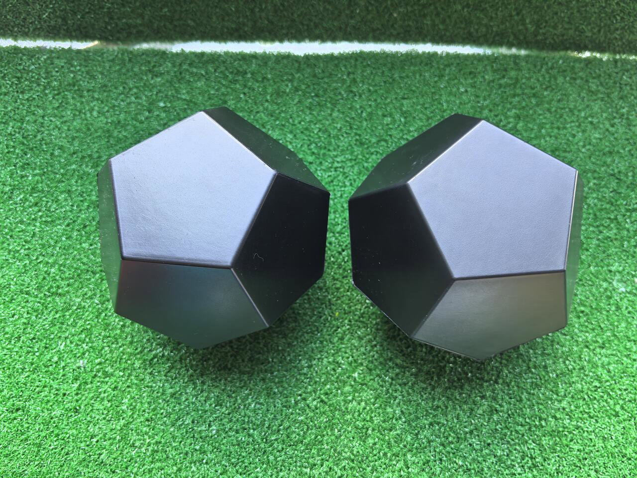 Two black 12-sided PU foam dice